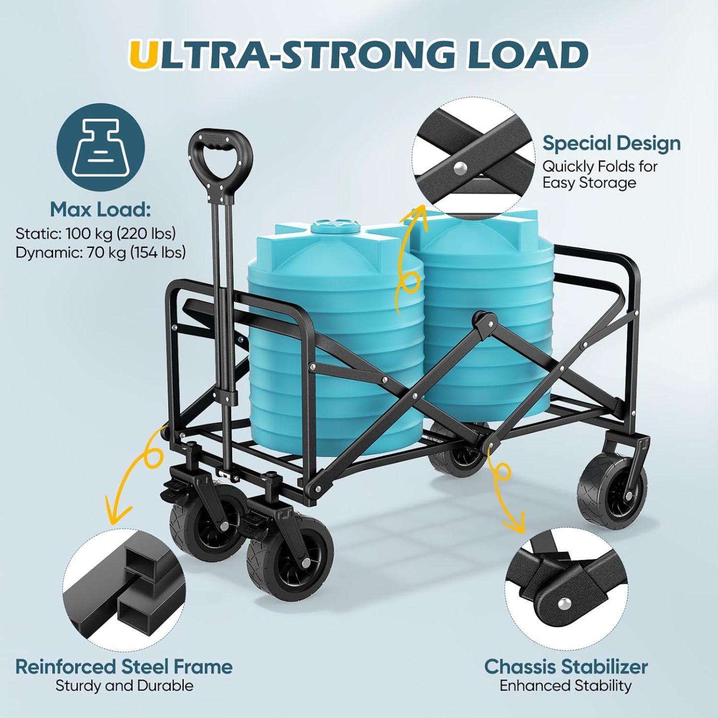 Carrello Pieghevole 100L con Ruote, Manico Regolabile, Portatile e Richiudibile, per Campeggio, Spiaggia, Giardino e Picnic
