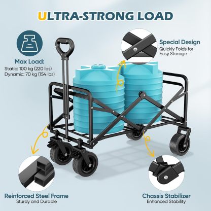 Carrello Pieghevole 100L con Ruote, Manico Regolabile, Portatile e Richiudibile, per Campeggio, Spiaggia, Giardino e Picnic