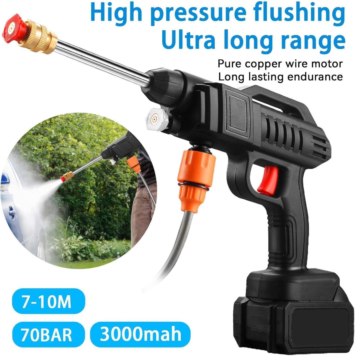 Nettoyeur Haute Pression Sans Fil 18 V – 50 Bar, avec Tuyau 5 m, Pistolet à Eau Portable pour Voiture, Jardin et Extérieur