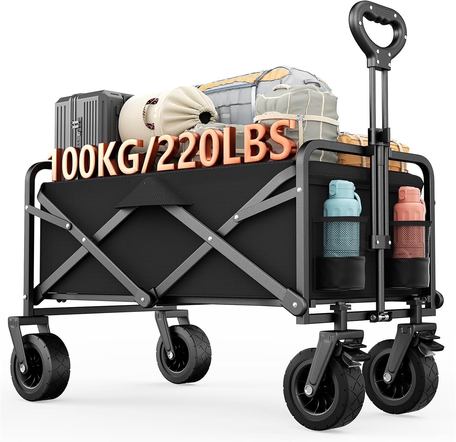 Carrello Pieghevole 100L con Ruote, Manico Regolabile, Portatile e Richiudibile, per Campeggio, Spiaggia, Giardino e Picnic