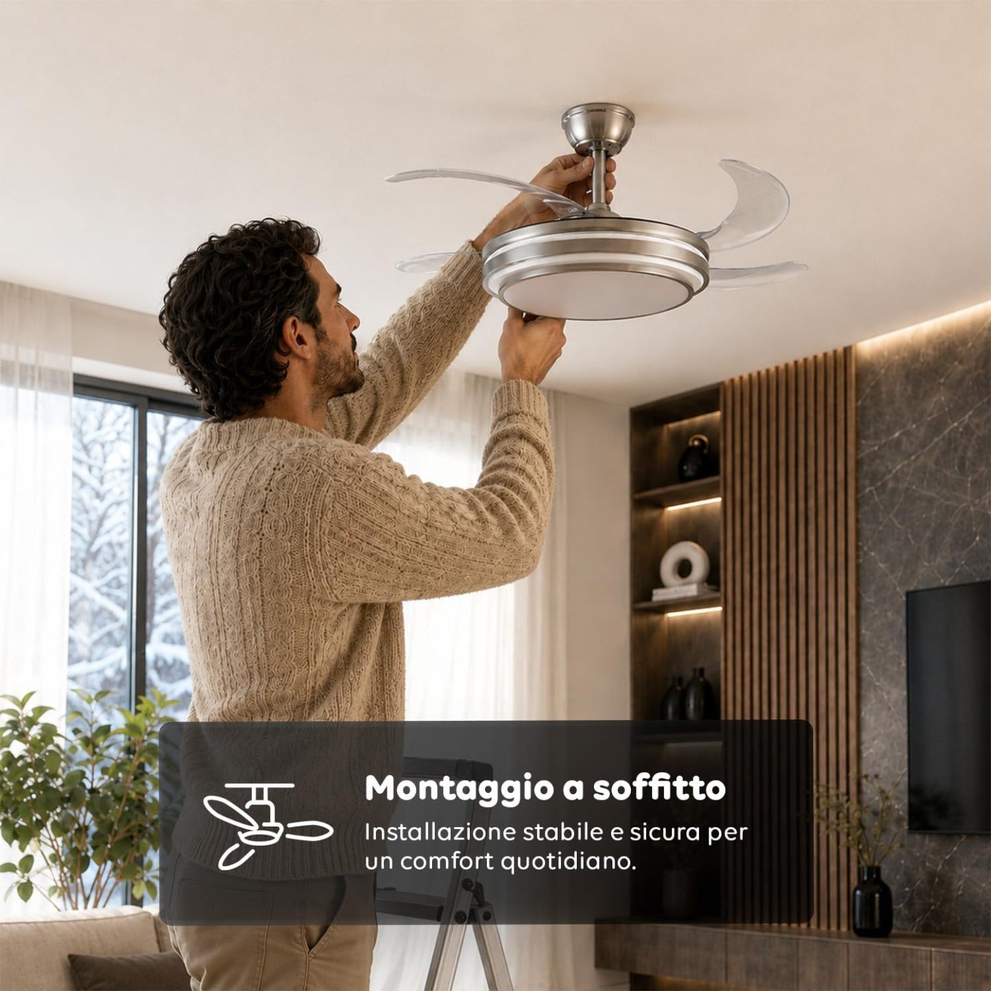 Ventilatore da Soffitto LED con Pale Pieghevoli, 6 Velocità, Luce Dimmerabile 72W a 3 Tonalità, Silenzioso