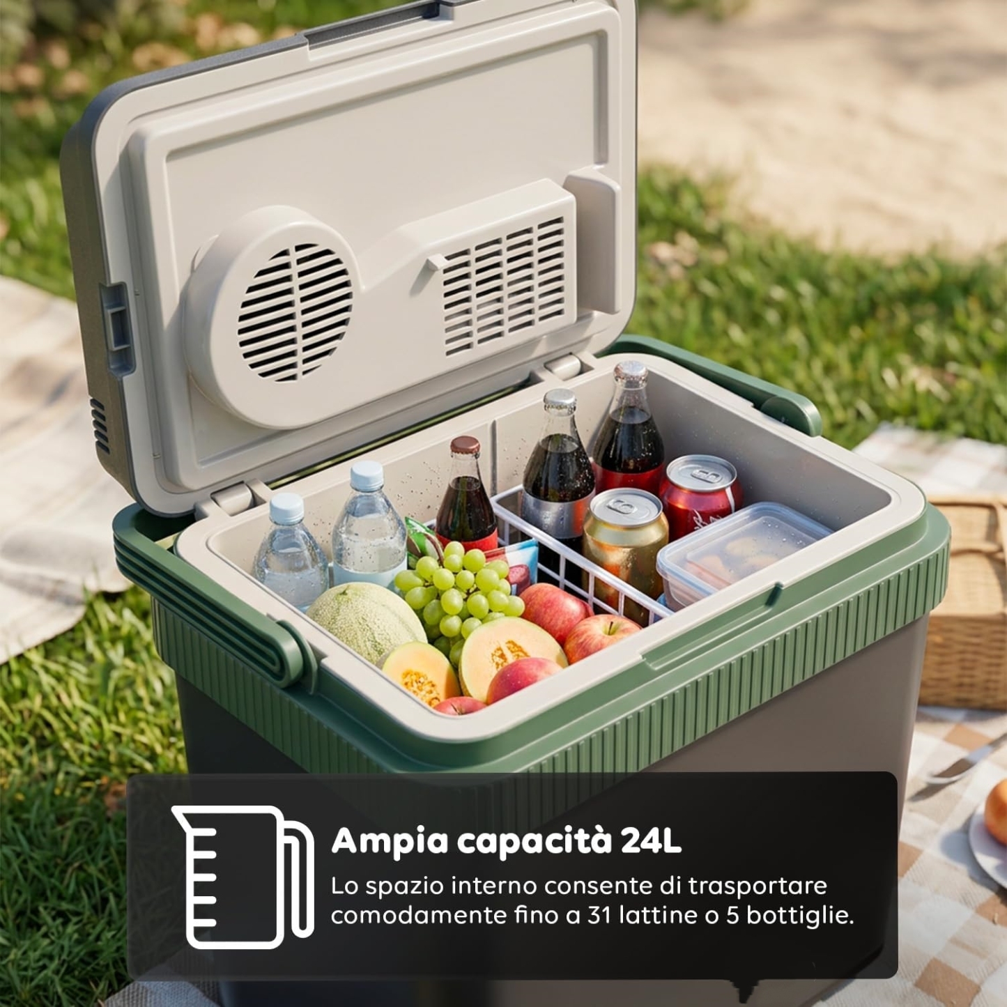 Borsa Frigo Elettrica 24L, Funzione Caldo/Freddo, Raffredda fino a -18°C sotto la temperatura ambiente e Riscalda fino a 65°C, 40/50W