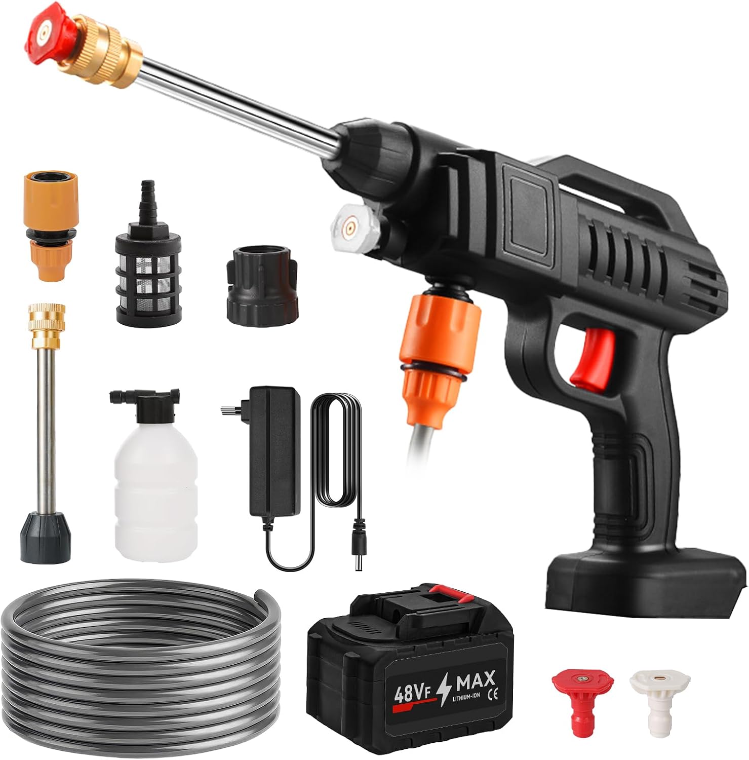 Nettoyeur Haute Pression Sans Fil 18 V – 50 Bar, avec Tuyau 5 m, Pistolet à Eau Portable pour Voiture, Jardin et Extérieur