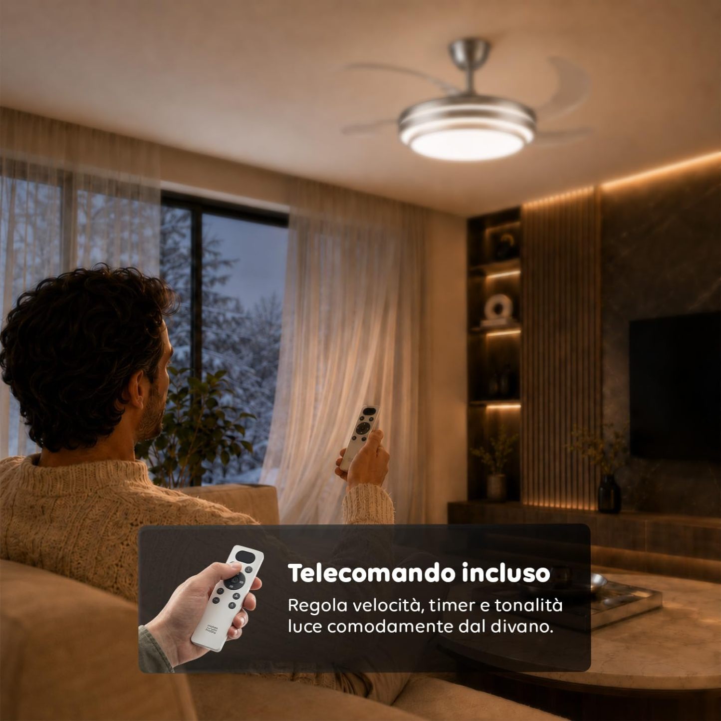 Ventilatore da Soffitto LED con Pale Pieghevoli, 6 Velocità, Luce Dimmerabile 72W a 3 Tonalità, Silenzioso