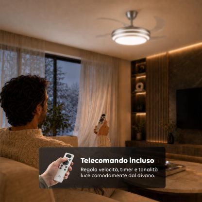 Ventilatore da Soffitto LED con Pale Pieghevoli, 6 Velocità, Luce Dimmerabile 72W a 3 Tonalità, Silenzioso