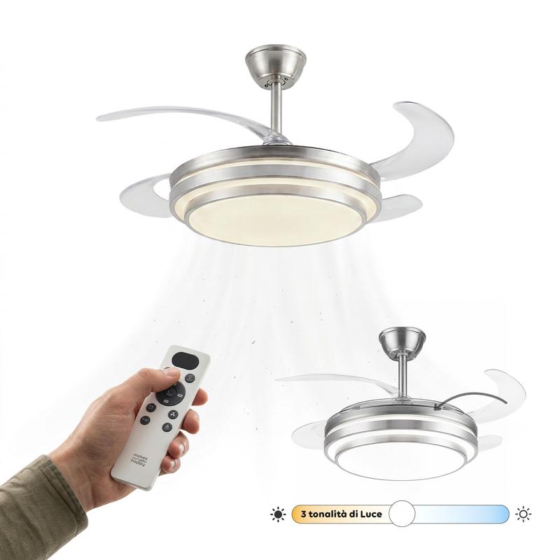 Ventilatore da Soffitto LED con Pale Pieghevoli, 6 Velocità, Luce Dimmerabile 72W a 3 Tonalità, Silenzioso