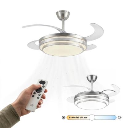 Ventilatore da Soffitto LED con Pale Pieghevoli, 6 Velocità, Luce Dimmerabile 72W a 3 Tonalità, Silenzioso