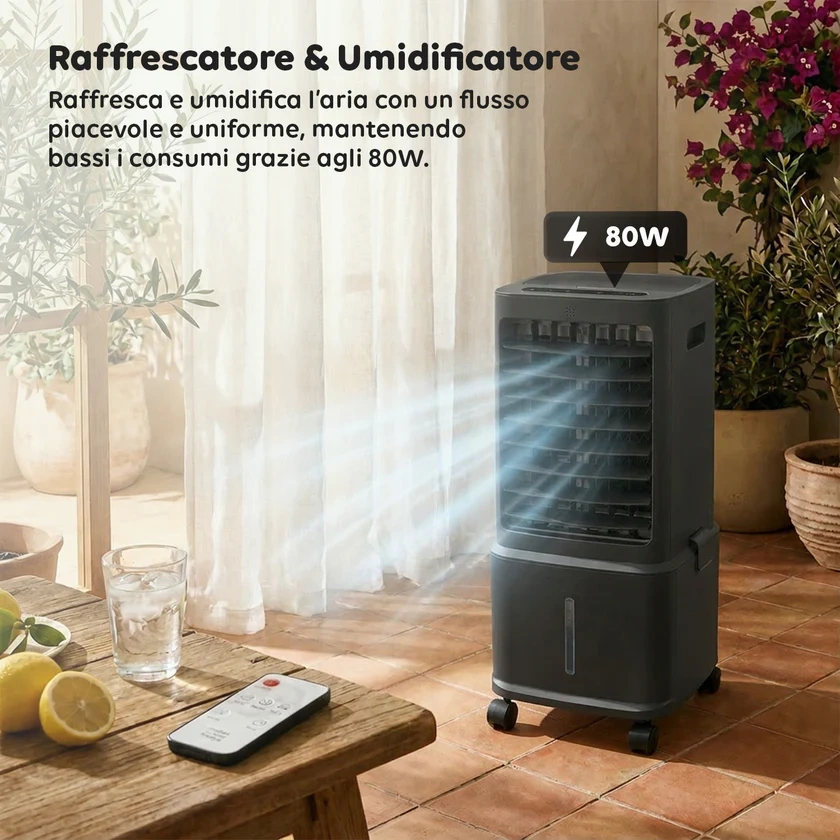 Raffrescatore Evaporativo 8,5L – Telecomando, Display LED, 3 Velocità e Timer 7H