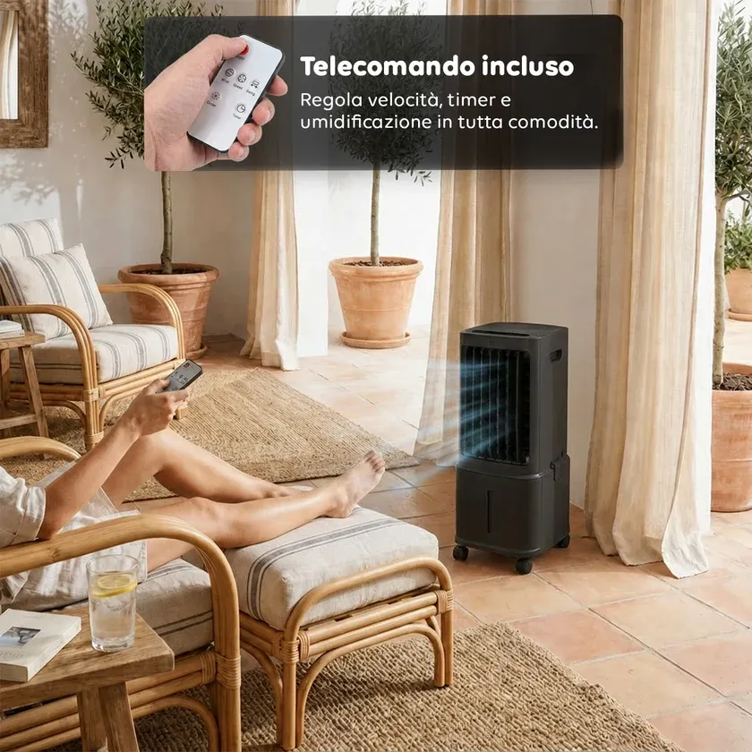 Raffrescatore Evaporativo 8,5L – Telecomando, Display LED, 3 Velocità e Timer 7H