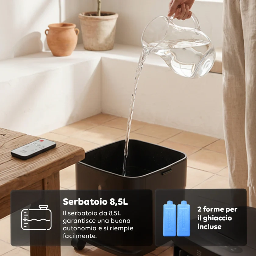Raffrescatore Evaporativo 8,5L – Telecomando, Display LED, 3 Velocità e Timer 7H