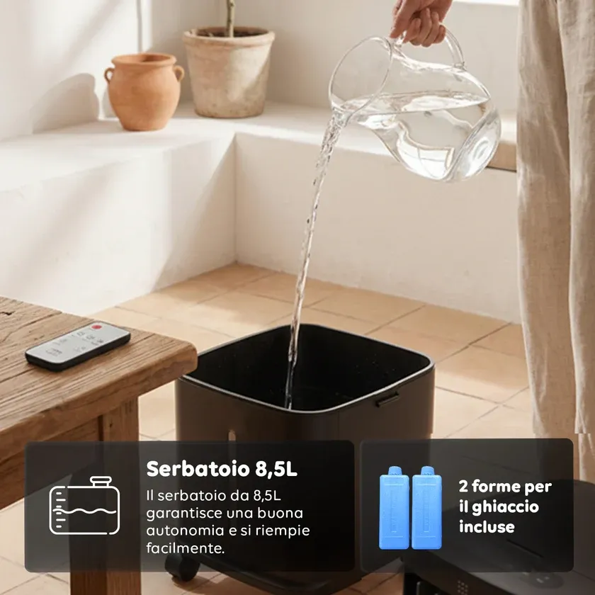 Raffrescatore Evaporativo 8,5L – Telecomando, Display LED, 3 Velocità e Timer 7H