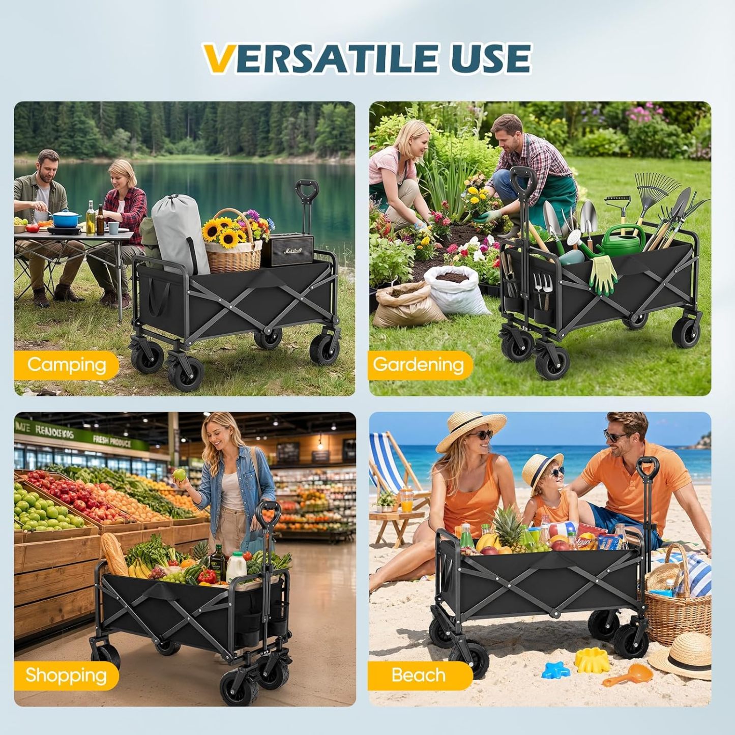 Carrello Pieghevole 100L con Ruote, Manico Regolabile, Portatile e Richiudibile, per Campeggio, Spiaggia, Giardino e Picnic