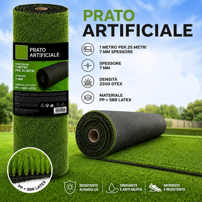 Prato Sintetico 25 x 1 m, Erba Artificiale di Alta Qualità, Aspetto Naturale, Resistente ai Raggi UV, Sistema Drenante, per Giardini, Terrazzi e Balconi
