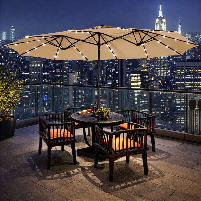Sombrilla de Patio Grande 13/15 ft | Rectangular Doble Cara con 36 Luces LED y Manivela + Base Incluida