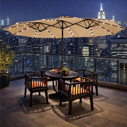 Sombrilla de Patio Grande 13/15 ft | Rectangular Doble Cara con 36 Luces LED y Manivela + Base Incluida