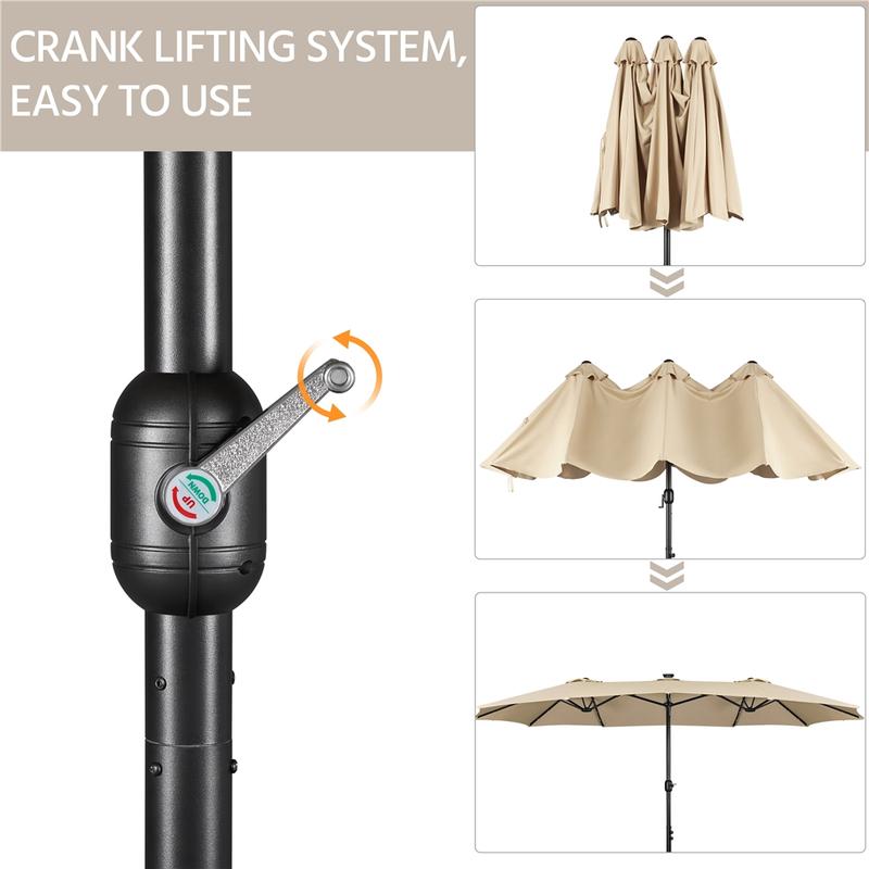 Sombrilla de Patio Grande 13/15 ft | Rectangular Doble Cara con 36 Luces LED y Manivela + Base Incluida