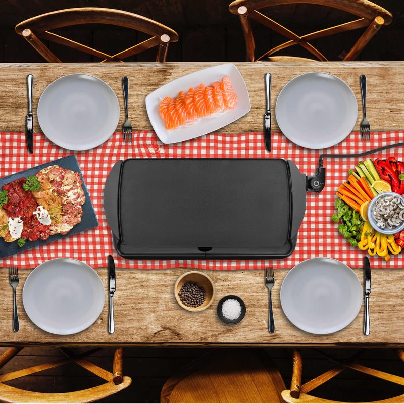 Piastra Elettrica Teppanyaki 2000W, Grill da Tavolo 52x27 cm, Superficie Antiaderente, Termostato Regolabile, per Interno ed Esterno