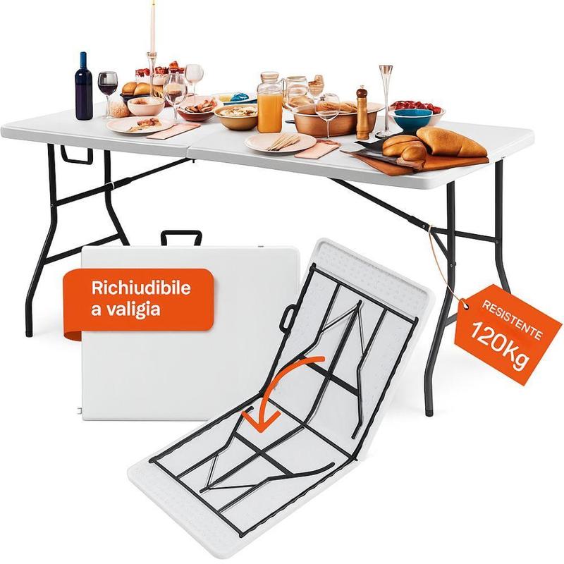 Tavolo Pieghevole 180×70×74 cm – Salvaspazio, Robusto, Colore Bianco