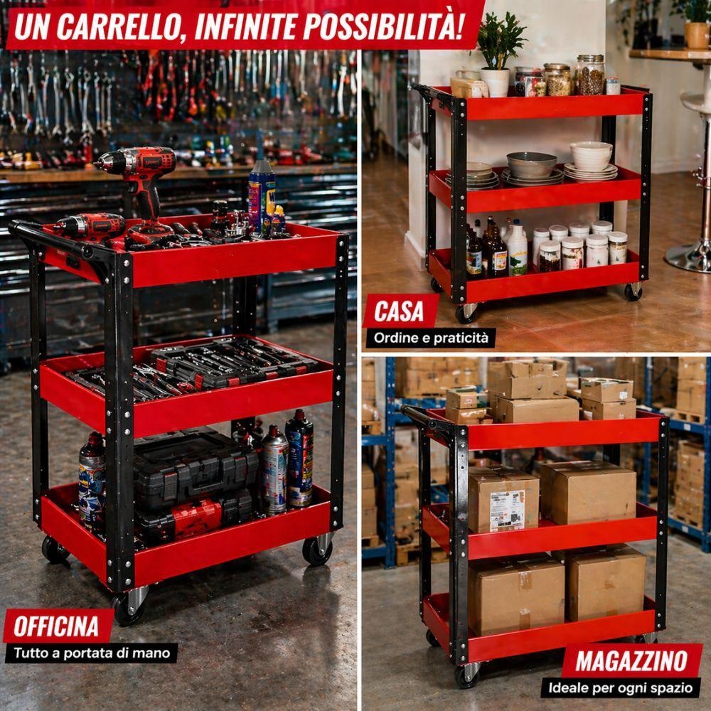 Carrello da Officina a 3 Ripiani in Acciaio con Ruote Girevoli, Porta Attrezzi Multiuso, Rosso