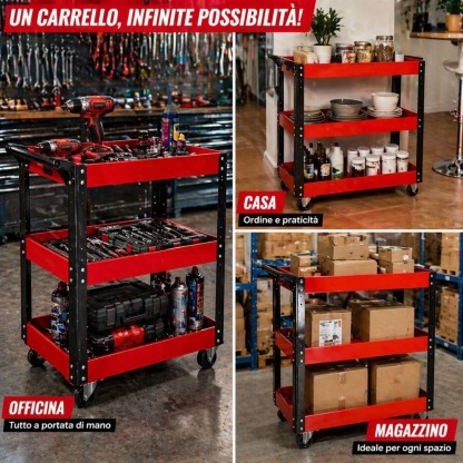 Carrello da Officina a 3 Ripiani in Acciaio con Ruote Girevoli, Porta Attrezzi Multiuso, Rosso