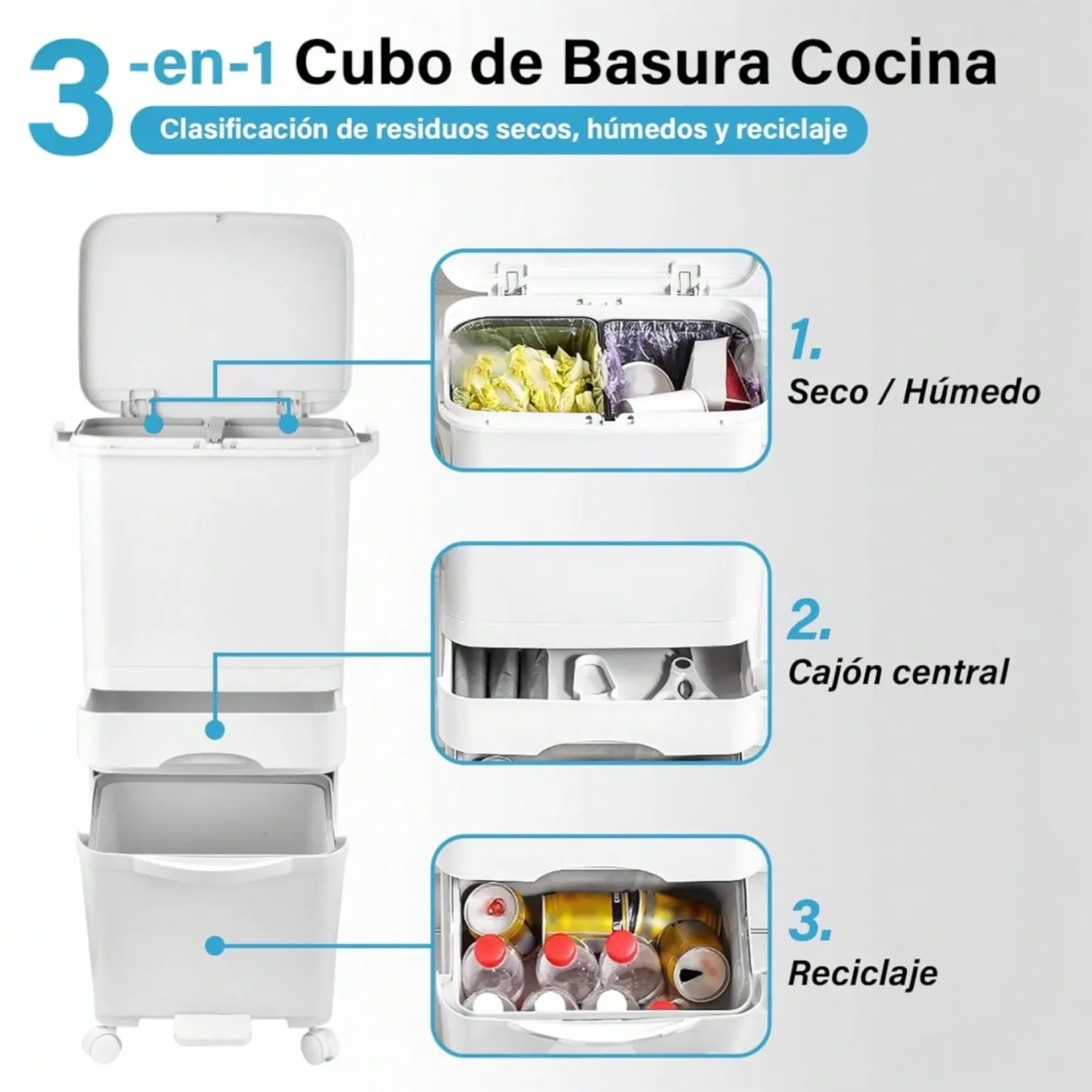 Cubo de Basura con 3 Compartimentos 43,2 L | Reciclaje y Pedal