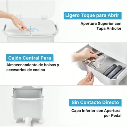 Cubo de Basura con 3 Compartimentos 43,2 L | Reciclaje y Pedal