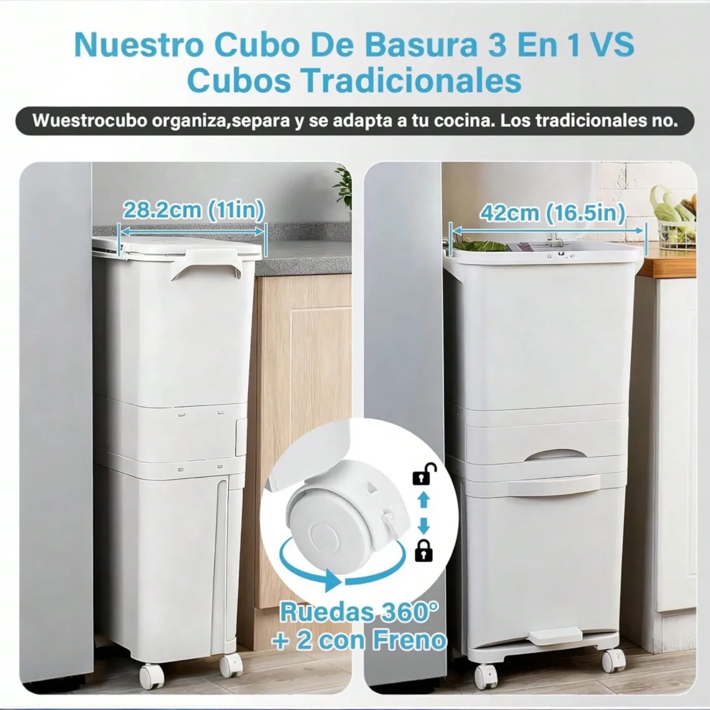 Cubo de Basura con 3 Compartimentos 43,2 L | Reciclaje y Pedal