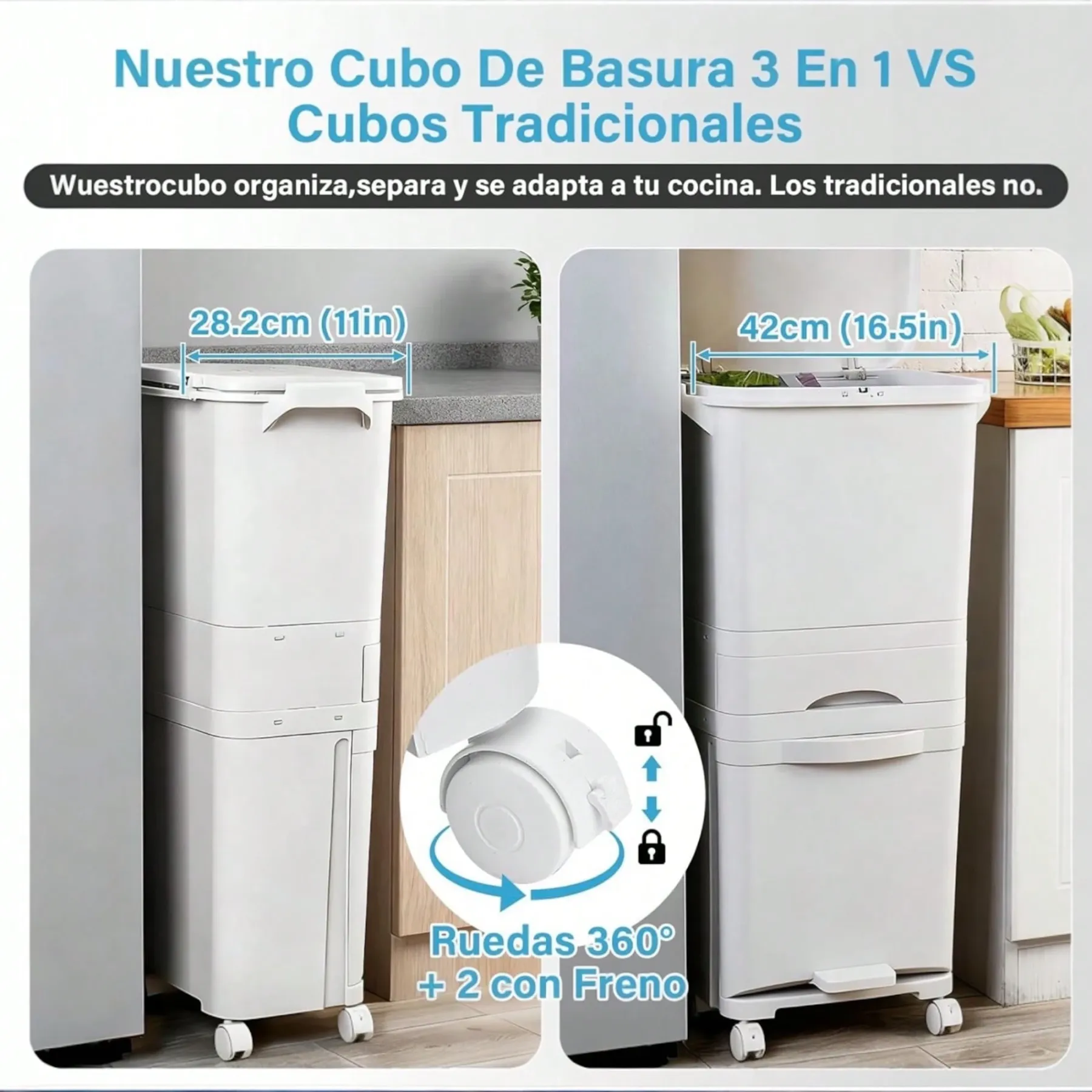 Cubo de Basura con 3 Compartimentos 43,2 L | Reciclaje y Pedal