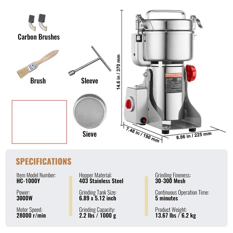 Moulin à Grains Électrique 1000 g, 3000 W – Broyeur Haute Vitesse en Acier Inoxydable pour Céréales, Épices, Herbes et Café