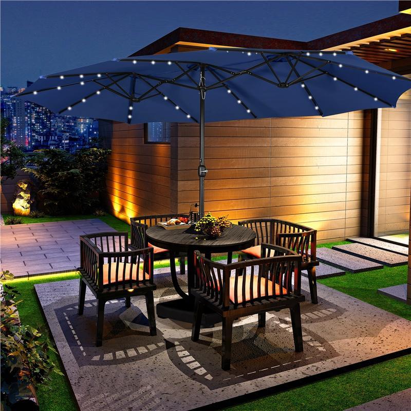 Sombrilla de Patio Grande 13/15 ft | Rectangular Doble Cara con 36 Luces LED y Manivela + Base Incluida