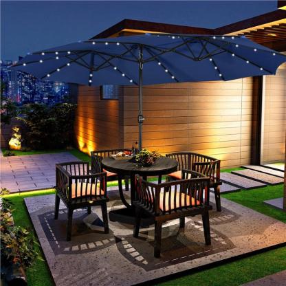 Sombrilla de Patio Grande 13/15 ft | Rectangular Doble Cara con 36 Luces LED y Manivela + Base Incluida