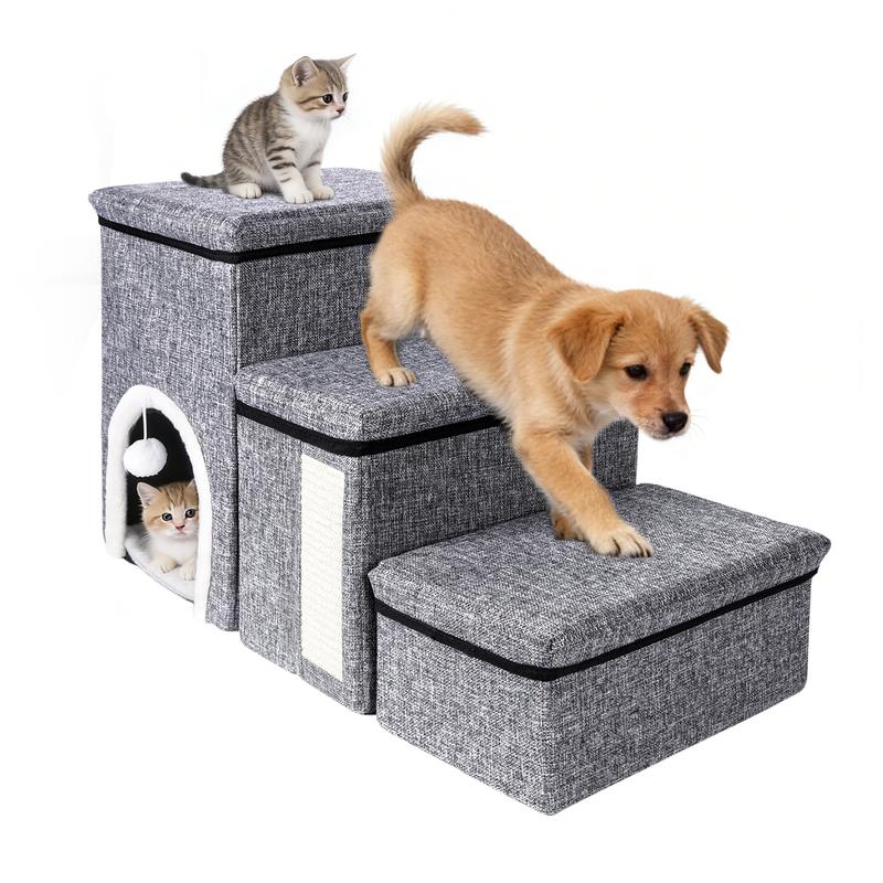 Escalera para Perros Pequeños 3 en 1 | 3 Peldaños Plegables con Almacenamiento y Casa para Mascotas