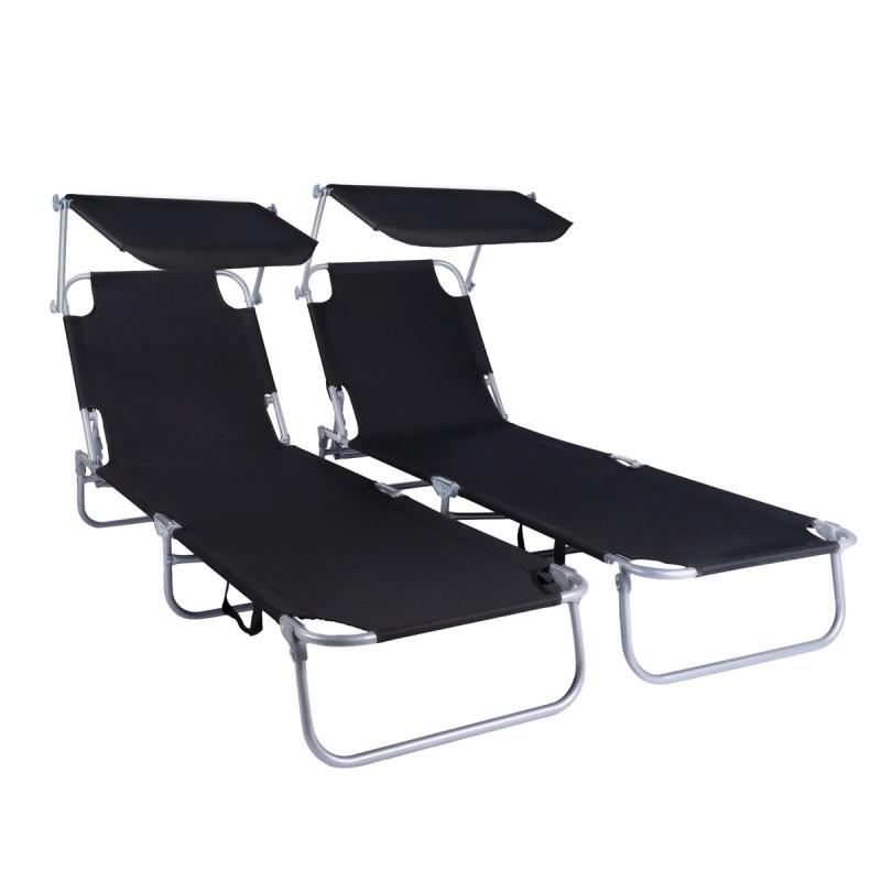 Pack de 2 Tumbonas Plegables con Parasol Ajustable | Reclinables, Aluminio y Textilene para Playa y Piscina