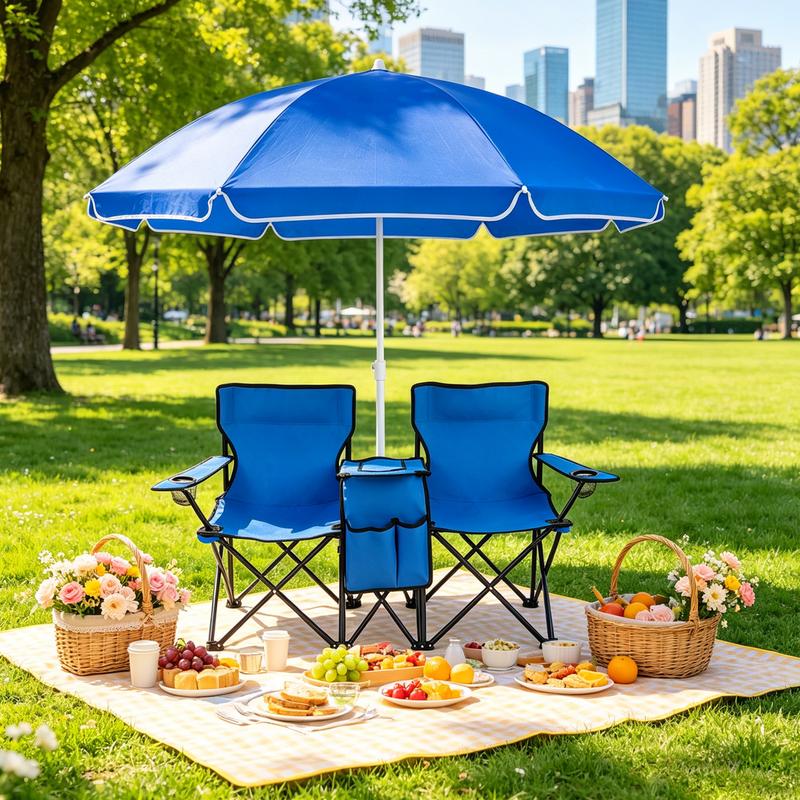 Silla Doble Plegable para Camping con Sombrilla Desmontable | Nevera Integrada, Portavasos y Bolsa de Transporte