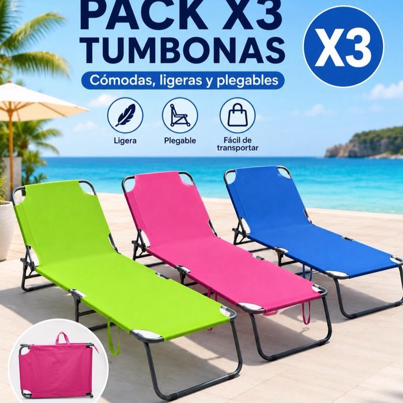 Pack de 3 Tumbonas Plegables Reclinables | Tela Oxford Resistente, Ideales para Playa, Piscina y Jardín