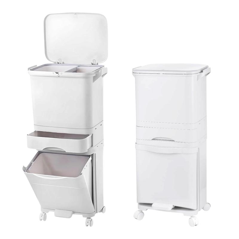 Cubo de Basura para Reciclaje 43,2 L | 3 Compartimentos, Pedal, Tapa y Ruedas para Cocina
