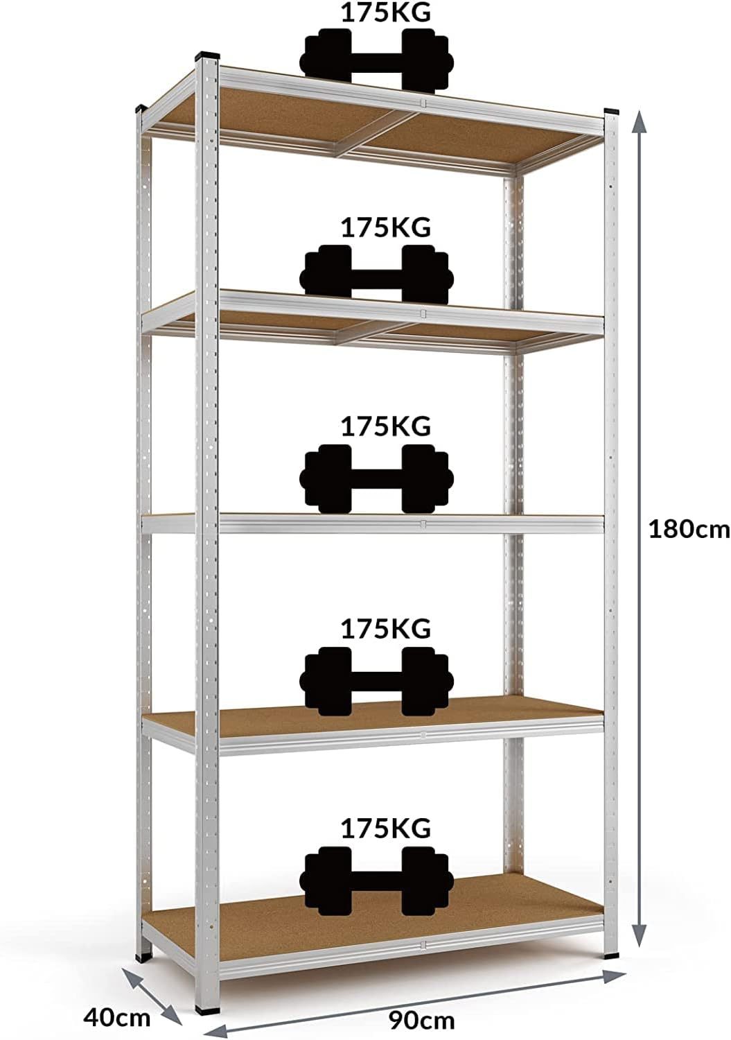 Pack de 2 Estanterías Metálicas 180 × 90 × 40 cm | 5 Baldas Ajustables, Acero Galvanizado y MDF