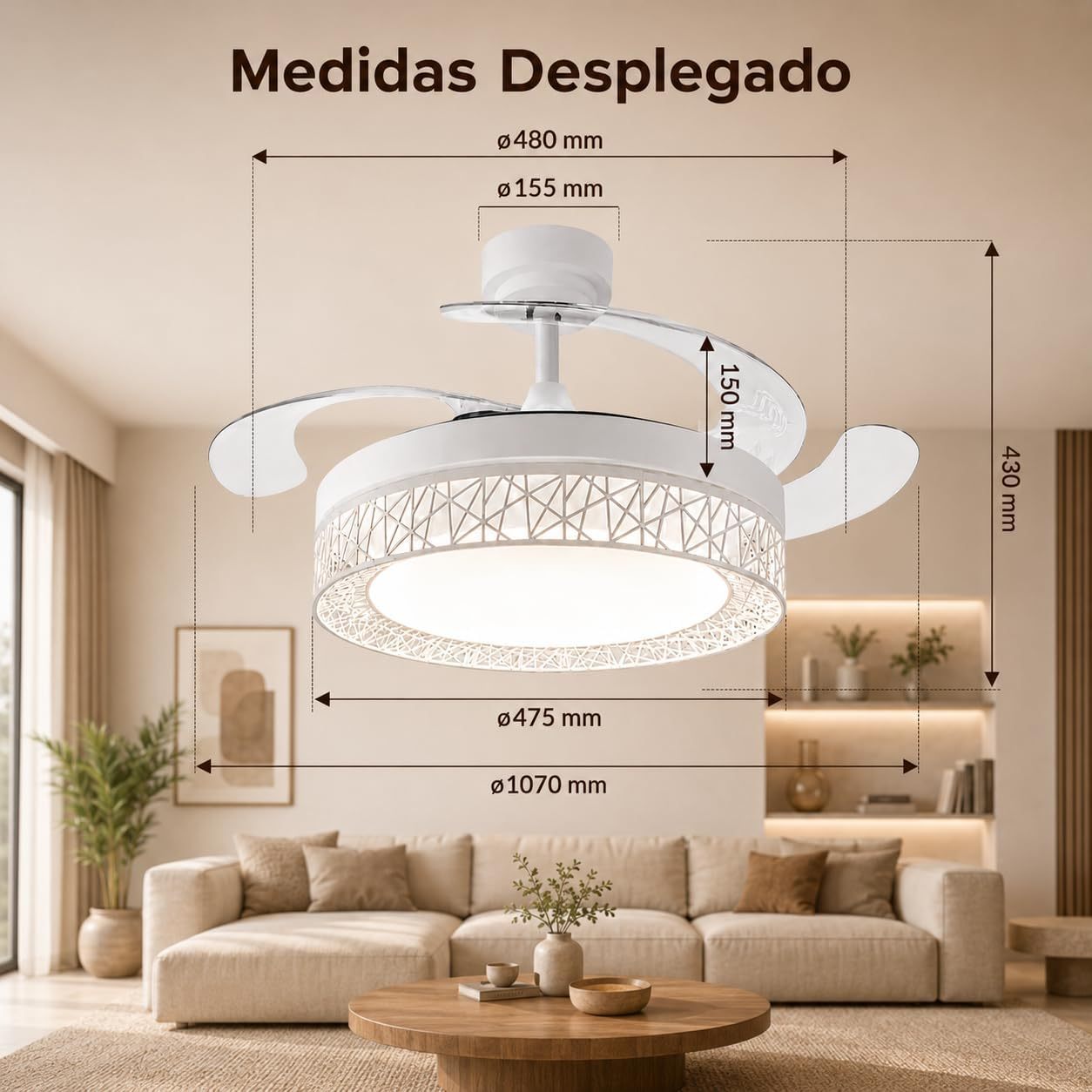 Ventilador de Techo LED 66W Ø107 cm | Aspas Retráctiles, Luz Regulable y Mando a Distancia