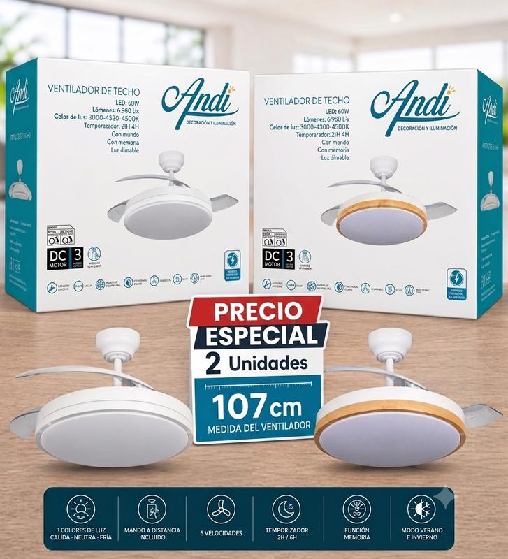 Pack de 2 Ventiladores de Techo LED Ø107 cm | Motor DC, Luz Regulable, Mando a Distancia, Modo Verano/Invierno