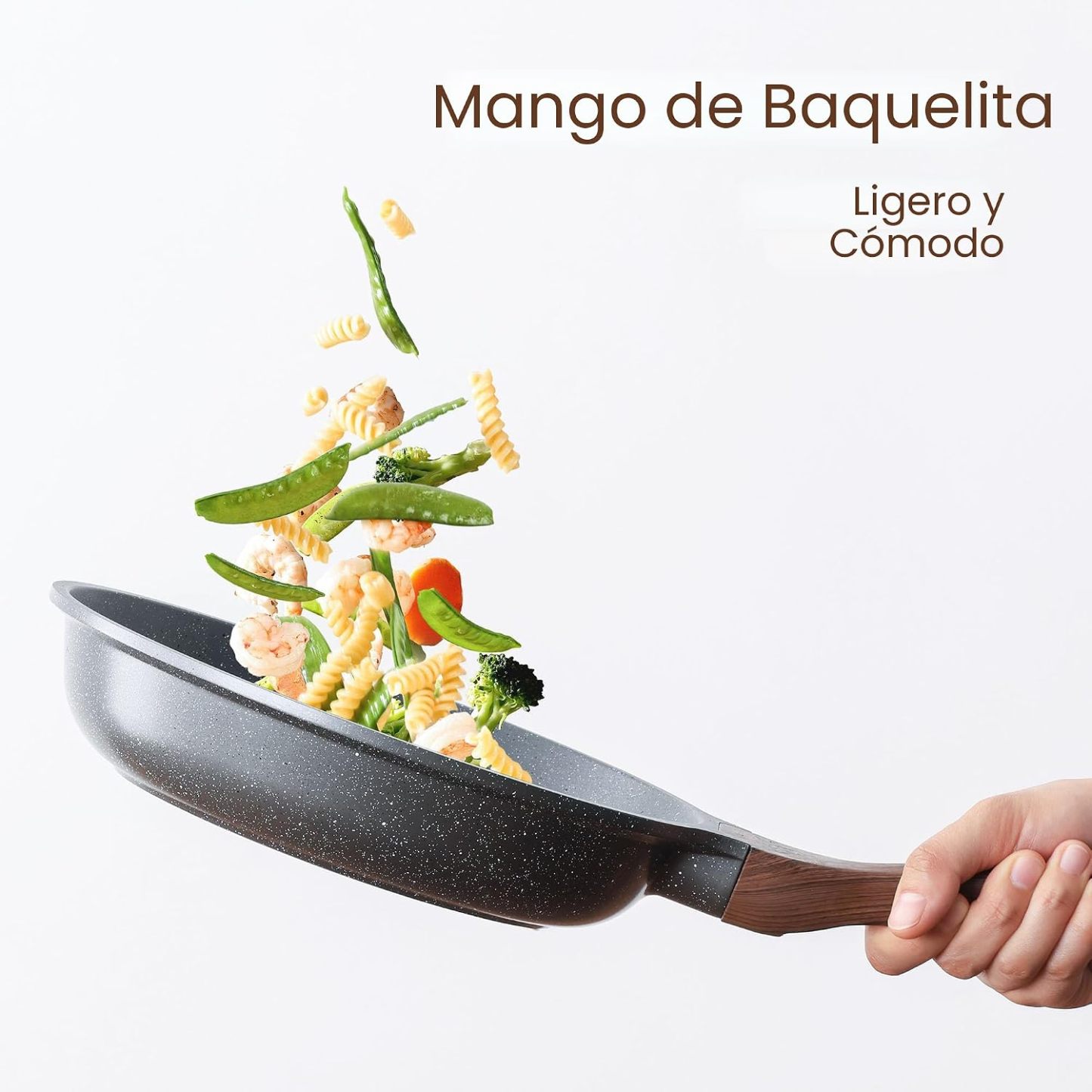 Set de 3 Sartenes Antiadherentes | 20, 24 y 28 cm, Mango de Madera, Aptas para Todo Tipo de Cocinas