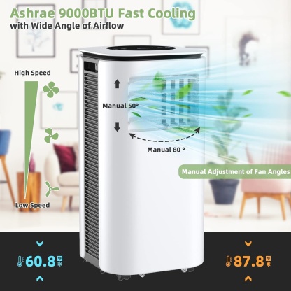 Aire Acondicionado Portátil 9000 BTU | 2 Velocidades, Mando a Distancia, Temporizador 24 h y Kit de Ventana