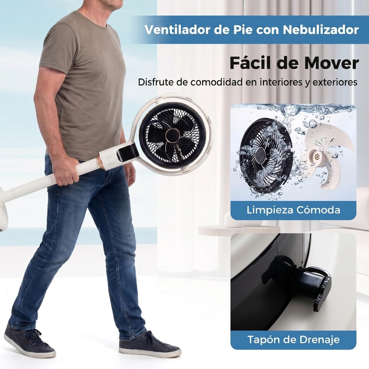 Ventilador de Pie con Nebulizador | Oscilación 90°, 8 Velocidades, Mando a Distancia y Temporizador