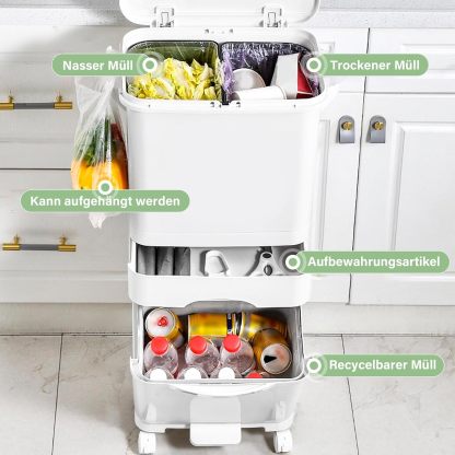 Cubo de Basura para Reciclaje 43,2 L | 3 Compartimentos, Pedal, Tapa y Ruedas para Cocina