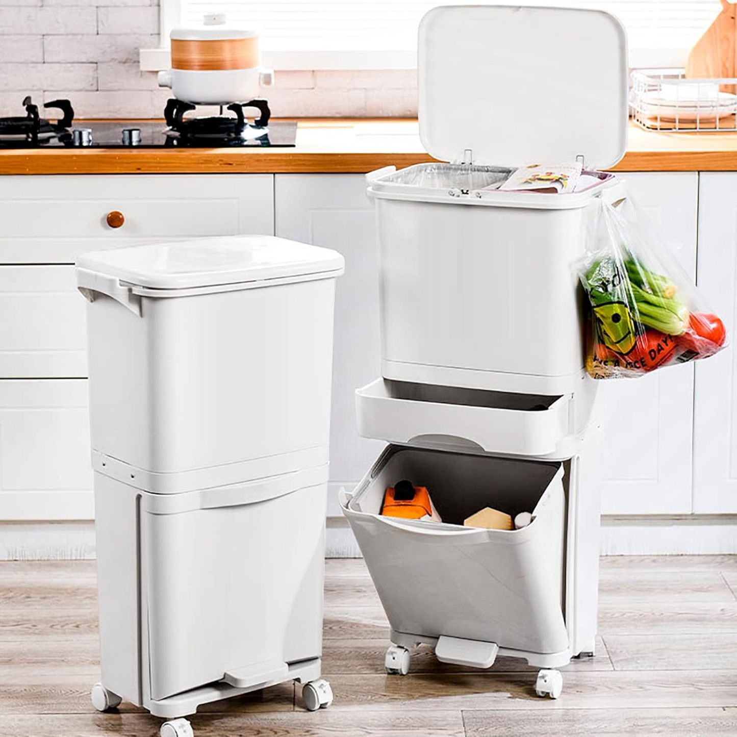 Cubo de Basura para Reciclaje 43,2 L | 3 Compartimentos, Pedal, Tapa y Ruedas para Cocina