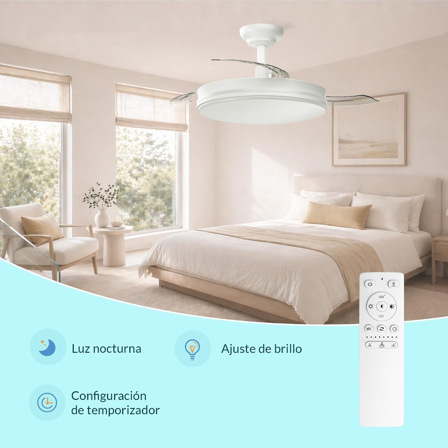 Ventilador de Techo con Luz LED 66–72W | Mando a Distancia, Luz Regulable y Motor Silencioso