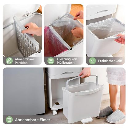Cubo de Basura para Reciclaje 43,2 L | 3 Compartimentos, Pedal, Tapa y Ruedas para Cocina
