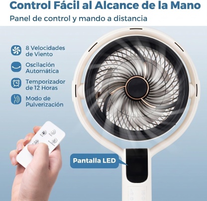 Ventilador de Pie con Nebulizador | Oscilación 90°, 8 Velocidades, Mando a Distancia y Temporizador