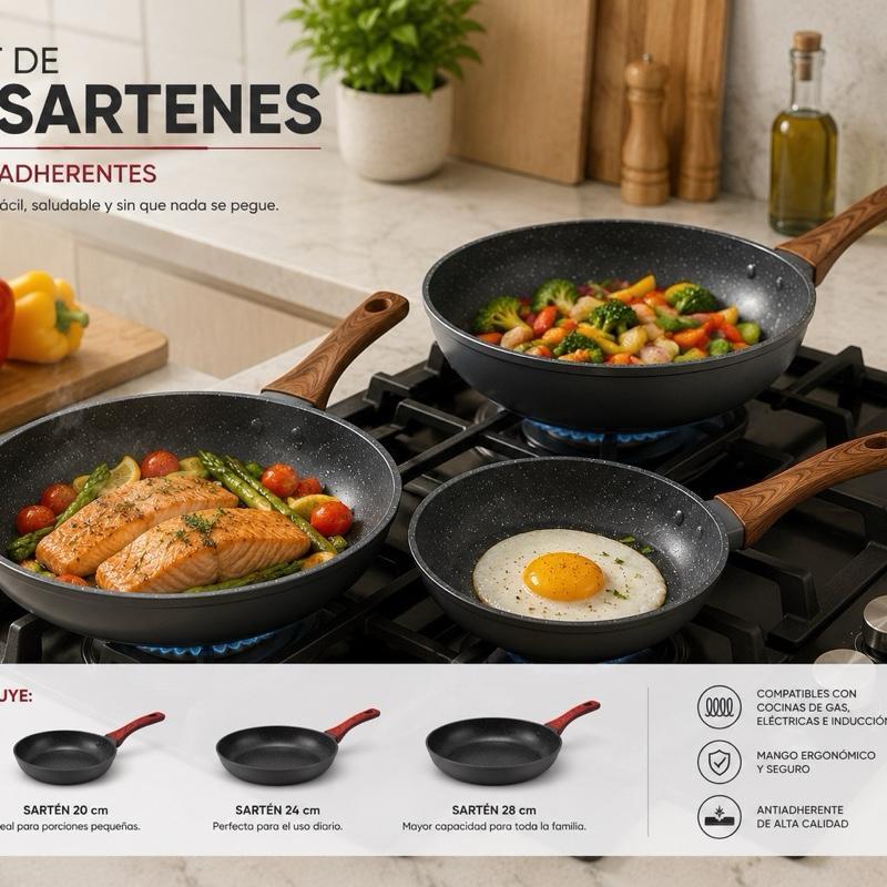 Set de 3 Sartenes Antiadherentes | 20, 24 y 28 cm, Mango de Madera, Aptas para Todo Tipo de Cocinas