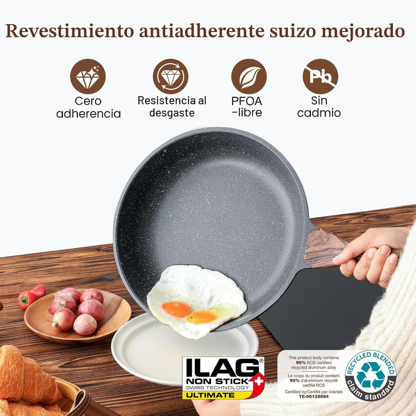 Set de 3 Sartenes Antiadherentes | 20, 24 y 28 cm, Mango de Madera, Aptas para Todo Tipo de Cocinas