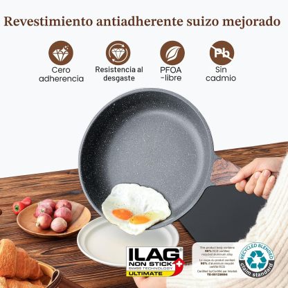 Set de 3 Sartenes Antiadherentes | 20, 24 y 28 cm, Mango de Madera, Aptas para Todo Tipo de Cocinas